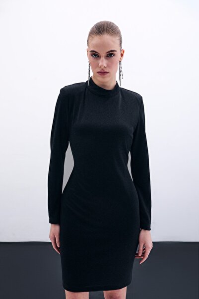 Sateen Parlak Kısa Elbise - Siyah