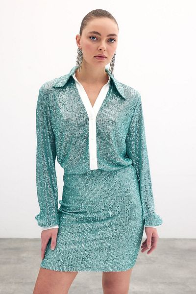 Sateen Casual Sequin Shirt - Mint