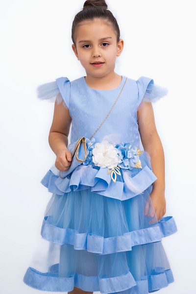 NEGİYYİM Floral Bag Zero Sleeve Eid Girl's Dress 6-12 Years