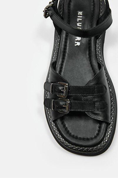 NILUFARR Leny Black Genuine Leather Women's Sandals