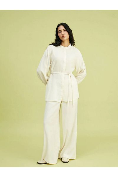 LC Waikiki Lcw Modest Ecru Prevailing Collar Linen Blend Women's Shirt Tunic