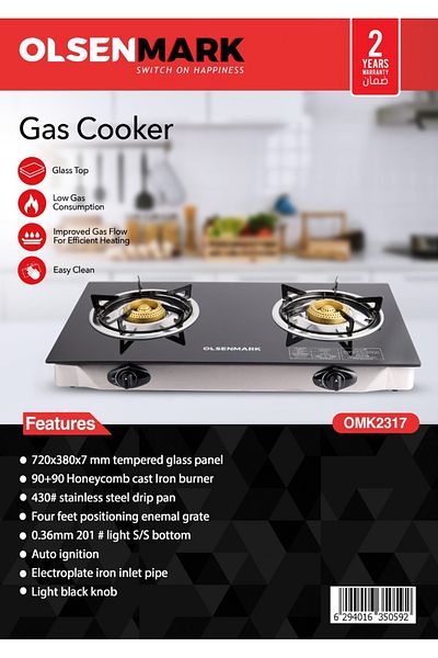 Olsenmark Dual Gas Stove Cooker Omk2317 Double Burners With Tempered Glass Panel Auto Ignition System