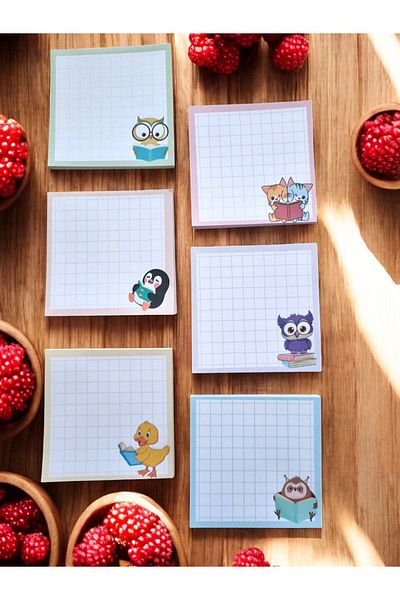Ez&Tu Stıcker 8X8 Patterned Set of 6 Memopad Notepad Planner Cute Animals Owl, Penguin, Cat, Duck, Bat