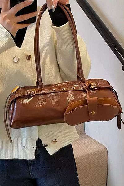BAHELS Imported Tan Wrinkled Patent Leather Bag Charm Shoulder Bag