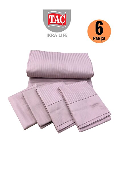 Taç Premium Basic Stripe Lilac Satin Double Duvet Cover Set