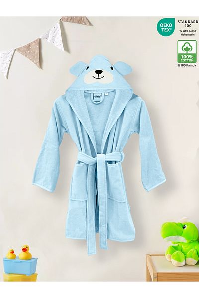 Ellaline Children's Bathrobe – 100% Cotton, Velvet Outside, Towel Inside and Absorbent Soft Blue