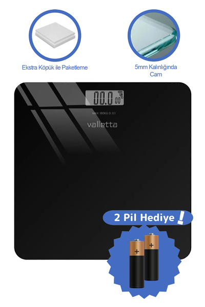 valletta Echo Pil Hediyeli Dijital Cam Baskül Tartı 180 Kg Lcd Ekranlı Siyah