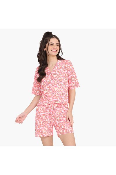 Zivame Zivame All-Over Print Notch Collar Shirt and Shorts Set