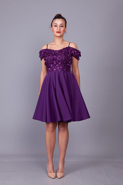 Bidoluelbise Plum Strap Off Shoulder Floral Tulle Detail Mini Length Flared Evening Dress