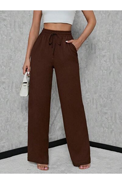 trendgar Kahverengi Keten Karışımlı Lastikli Yüksek Bel Wide Leg Pantalon