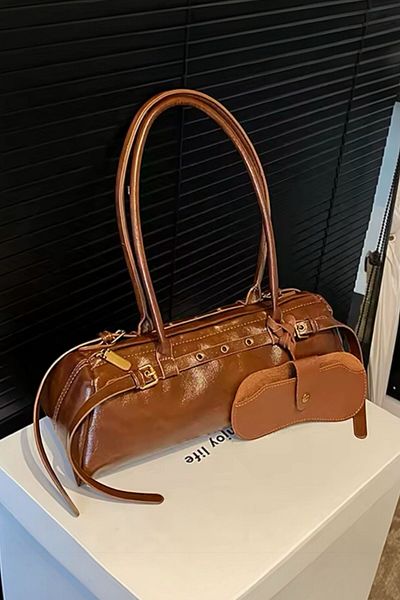 BAHELS Imported Tan Wrinkled Patent Leather Bag Charm Shoulder Bag