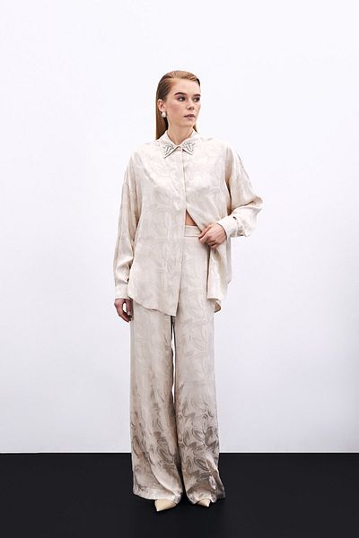 Sateen Jacquard Casual Trousers - Beige