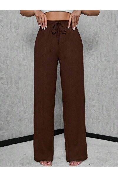 trendgar Kahverengi Keten Karışımlı Lastikli Yüksek Bel Wide Leg Pantalon