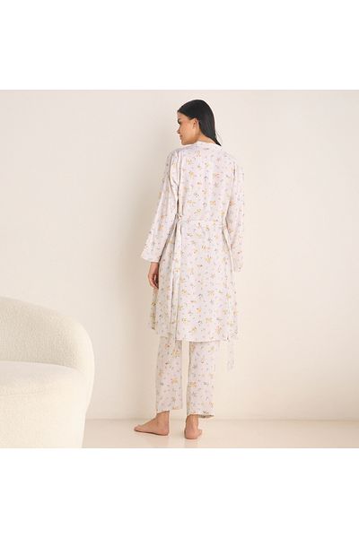 FAV Floral Print Night Robe with Camisole and Pyjama Set