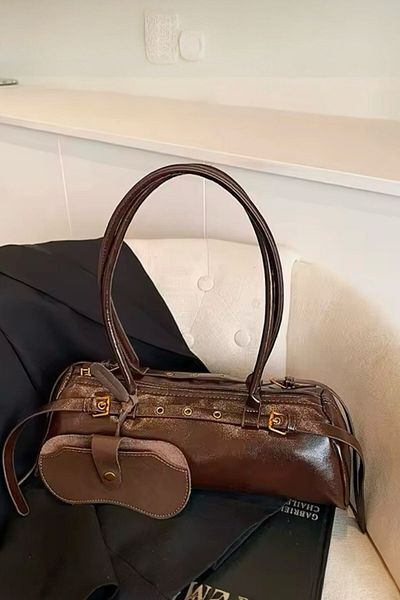 BAHELS Imported Bitter Brown Wrinkled Patent Leather Bag Charm Shoulder Bag