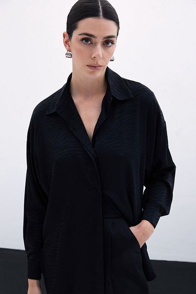 Sateen Zebra Print Loose Shirt - Black