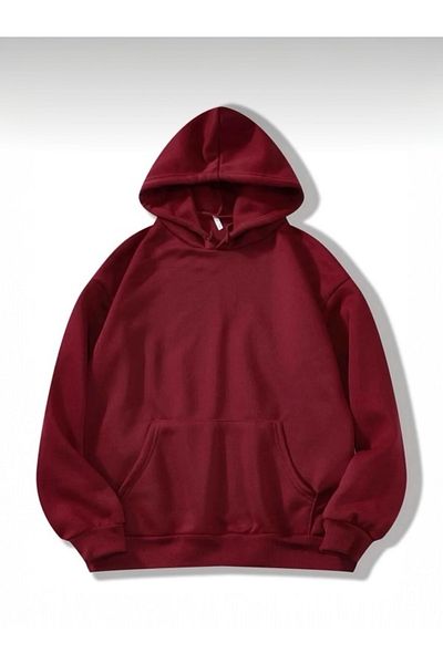 BLYDE LAYY Women's 3 Thread Claret Red Oversize Hooded Plain Unprinted Sweatshirt