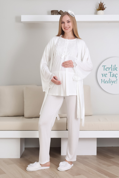 ERDENİZ TEKSTİL Maternity Short Sleeve Pajamas and Long Sleeve Dressing Gown Suit/ Button Lace Collar and Sleeve / Slippers and Crown Gift