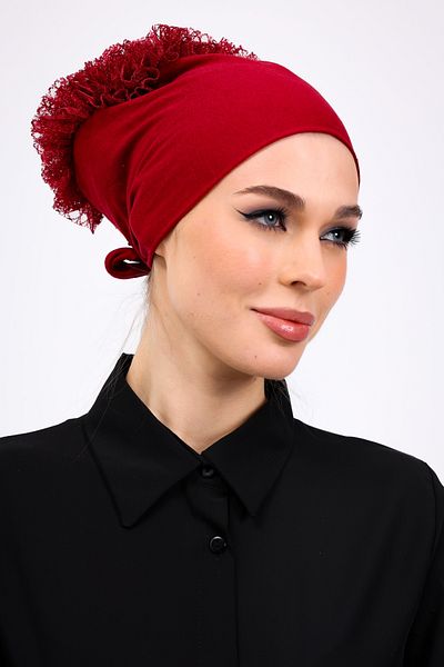 Loggia Ruffled Burgundy Seamless Combed Cotton Bonnet Women's Hijab Tie Inner Bonnet