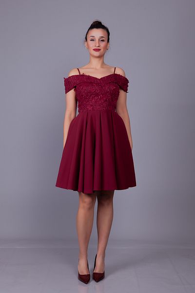 Bidoluelbise Burgundy Straps Off Shoulder Floral Tulle Detail Mini Length Flared Evening Dress