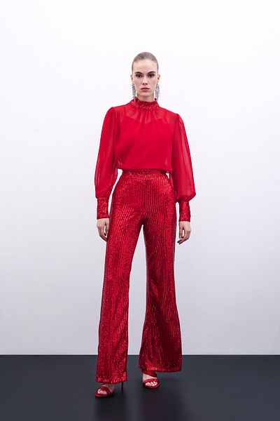 Sateen Red Sequined Loose Trousers