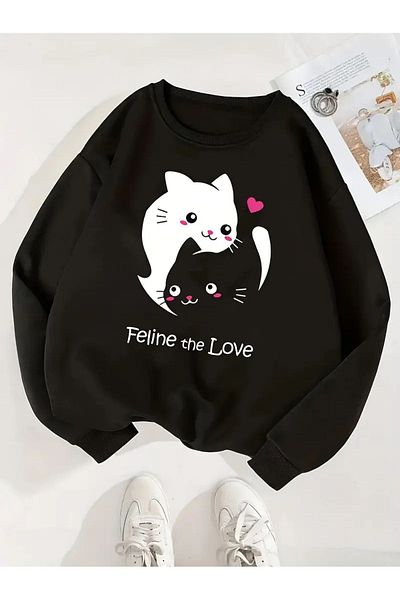 aynewmoda Cat Love Printed Sweatshirt