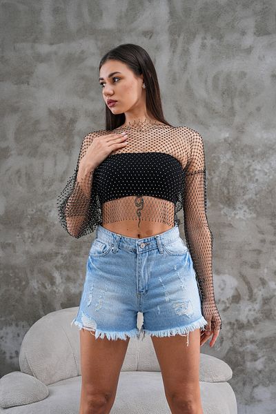 JANSO GROUP Mini pantaloni scurți din denim pentru femei, cu o formă inversată, culoare verde și detaliu în formă de Y