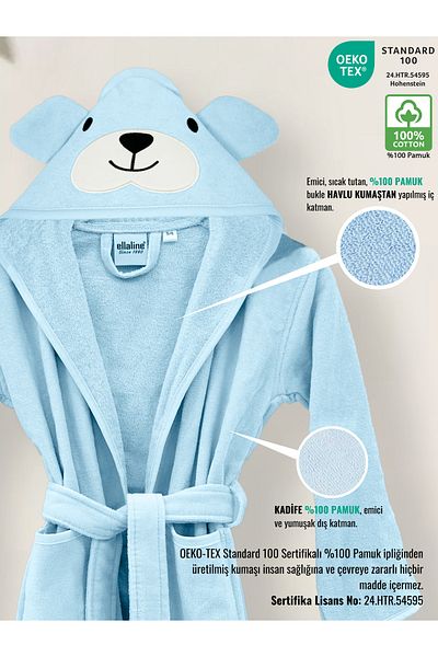 Ellaline Children's Bathrobe – 100% Cotton, Velvet Outside, Towel Inside and Absorbent Soft Blue