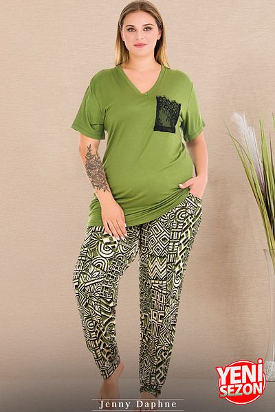 Jenny Daphne Set pijama verde cu decolteu în V de mărime mare 11002