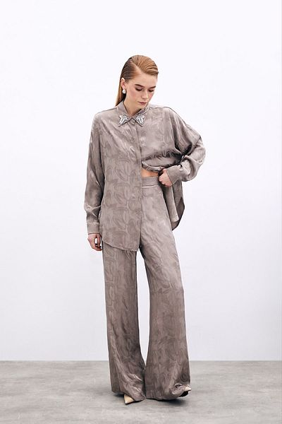 Sateen Jacquard Casual Trousers - Mink