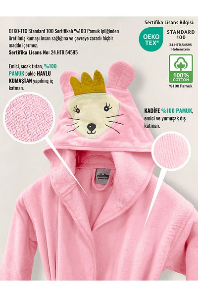 Ellaline Children's Bathrobe 100% Cotton Certified, Velvet Outside, Towel Inside, Absorbent and Soft - Pink Color with Mouse