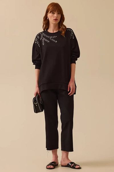 SEÇİL Women's Black Round Neck Stone Embroidered Sweatshirt