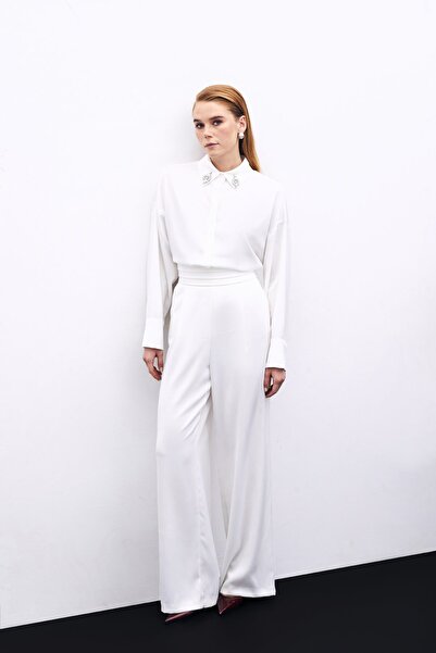 Sateen Casual Satin Trousers with Pockets - Ecru