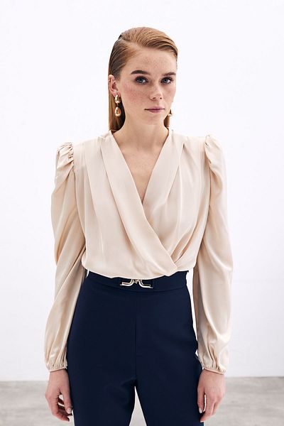 Sateen Double Breasted Padded Bodysuit - Beige