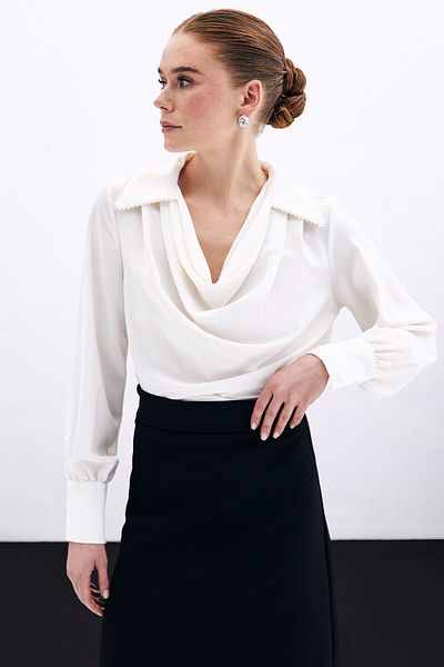 Sateen Degaje Guler Perla Bluza Loose - ECRU