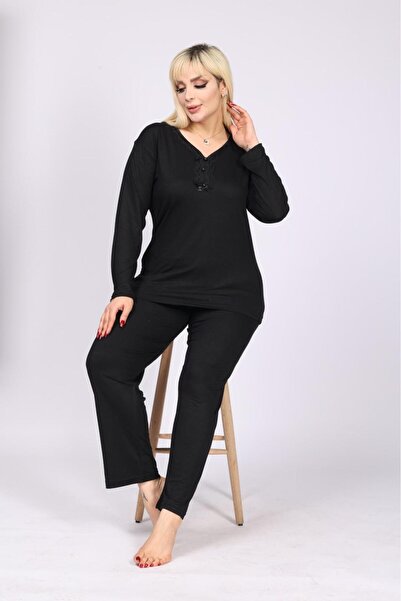 MEBA Kadın Büyük Beden Yaka Düğmeli Uzun Kollu Penye Anne Siyah Pijama Takımı