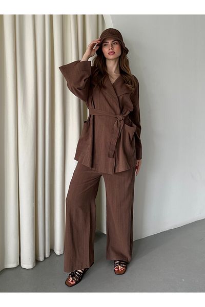 Laluvia Brown Romina Raw Linen Jacket Pants Set - 8447
