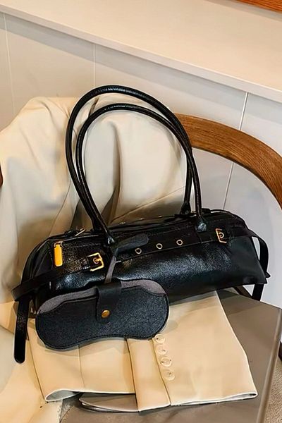 BAHELS Imported Black Crinkled Patent Leather Bag Charm Shoulder Bag