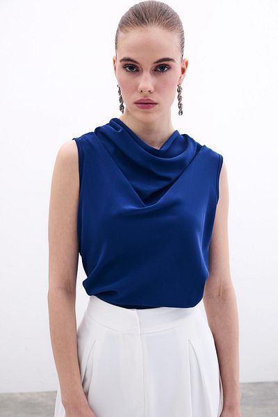 Sateen Bluză fără mâneci cu guler Degaje - ALBASTRU MARINE
