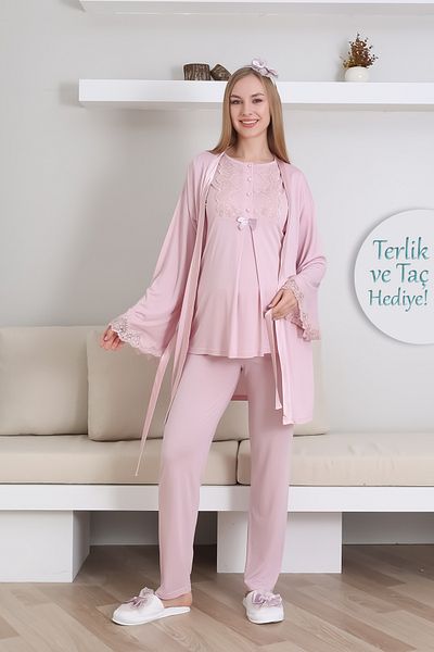 ERDENİZ TEKSTİL Maternity Short Sleeve Pajamas and Long Sleeve Dressing Gown Suit/ Button Lace Collar and Sleeve / Slippers and Crown Gift