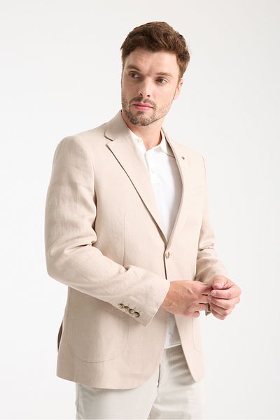 Frappoli Volix Men's Beige Half Lining Bag Pocket 100% Linen Fabric Sports Blazer Jacket