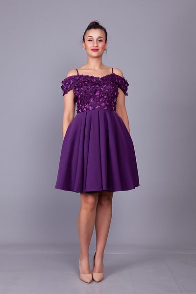 Bidoluelbise Plum Strap Off Shoulder Floral Tulle Detail Mini Length Flared Evening Dress