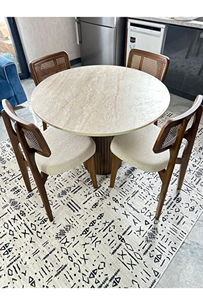 holzwelt Yuvarlak Ahşap Masa Takımı Bohem 4 Kişilik Mutfak Masa Sandalye Takımı İskandinav