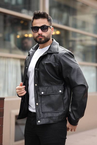 S&M CLOTHİNG Мъжко черно кожено яке с джоб с детайли