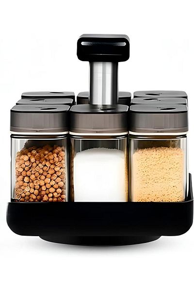 COOYA Rotating Spice Storage Rack with 8 Clear Glass Jars, Durable 360° Rotating Organizer for Spices