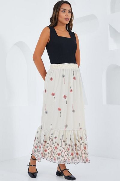 modaserdem Ecru Patterned Chiffon Skirt 8010