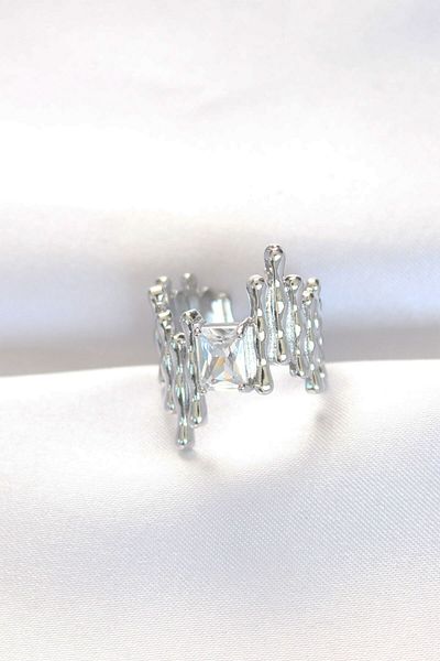 Skygo Silver Serrated Thick Baguette Ring - Adjustable Stone Design - TJ-BYK3104