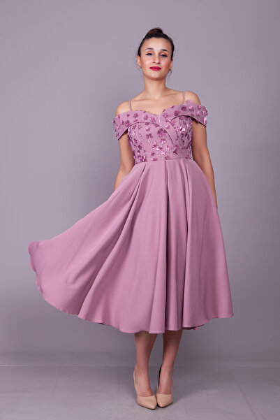 NO48 Koyu Gül Çiçekli Tül Detay Düşük Omuz Askılı Kayık Yaka Midi Boy Kloş Ab...