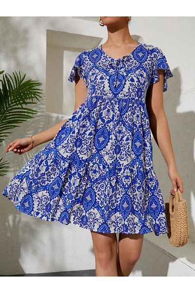 leyla sanat sanata yeni bir bakış açısı Leyla Sanat Sanata a New Perspective 2352 V-Neck Short Dress - Blue