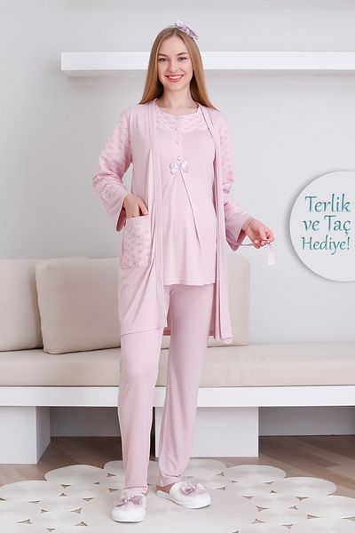 ERDENİZ TEKSTİL Maternity Dressing Gown and Pajama Set/ Dressing Gown with Pockets and Buttoned Front Pajama Set/ Slippers and Crown Gift